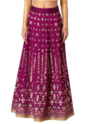 indya silk purple floral foil print kalidar lehenga skirt