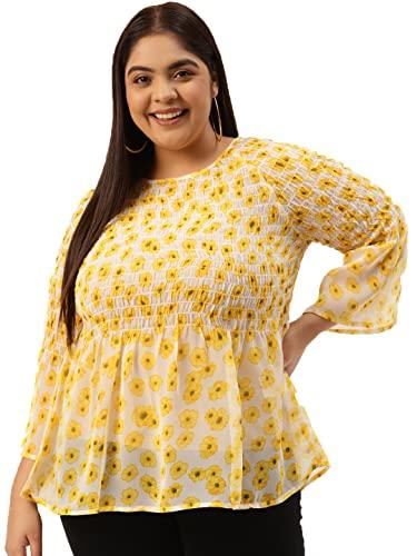 therebelinme plus size women's yellow & off white floral print smocked georgette a-line top(xl)