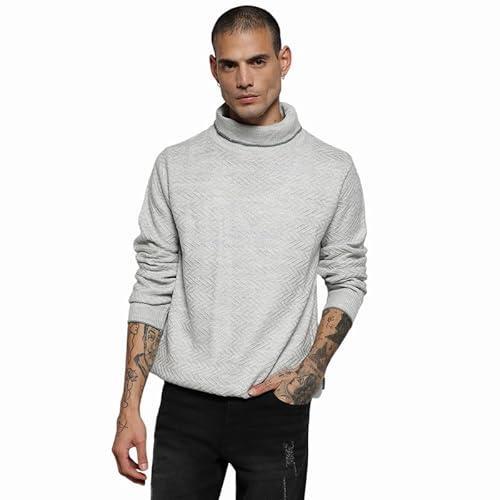 campus sutra men's light grey herringbone textured pullover sweater for casual wear | turtle neck | long sleeve | pull on closure | cotton sweater crafted with comfort fit for everyday wear