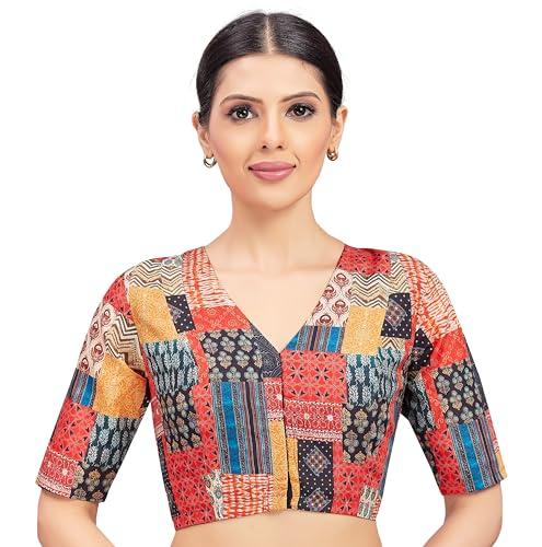 studio shringaar polyester women's patchwork printed readymade saree elbow length sleeves blouse (multi-color, 38)