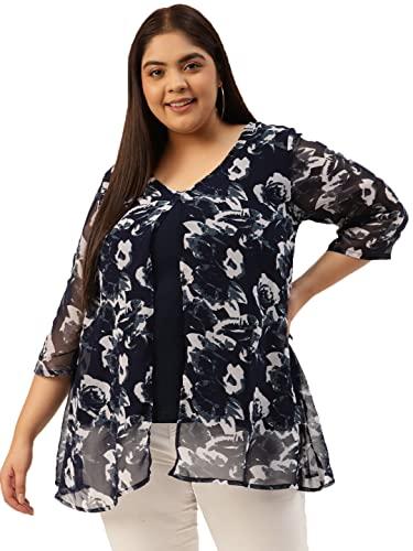 therebelinme plus size women's navy rose floral printed layered top(xl)