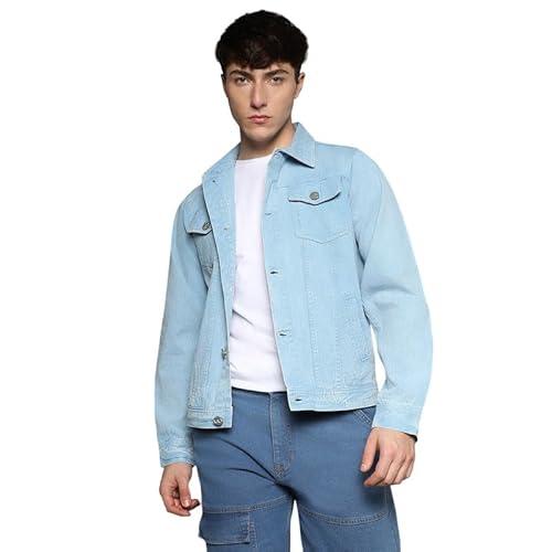 campus sutra men's sky blue light-wash denim jacket for casual wear | spread collar | long sleeve | button closure | jacket crafted with comfort fit for everyday wear