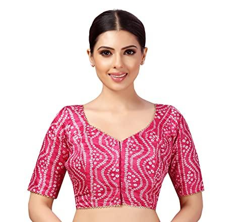 studio shringaar women's polyester elbow length sleeves bandhani print silky saree blouse(rani, 38)