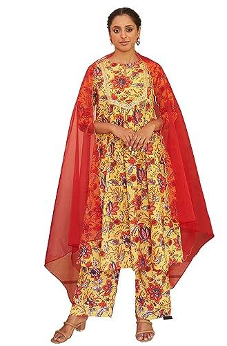 janasya women's yellow cotton floral printed kurta with palazzo and dupatta(set783-kr-pp-l)