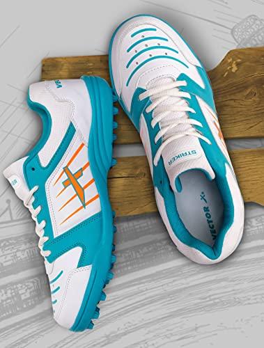 vector x striker cricket shoes synthetic leather upper/pvc sole studs for men lace up closure| lightweight & durable footwear| ideal for turf, ground & hard surfaces (white-sea green, size: 8)