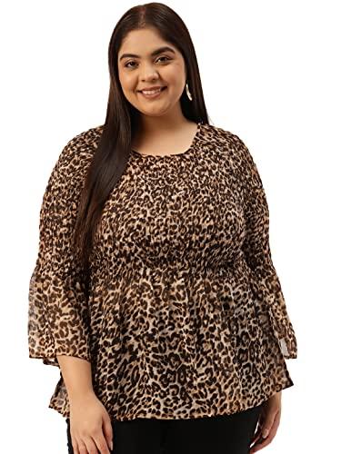 therebelinme plus size women's beige & coffee brown animal print smocked georgette a-line top(xl)