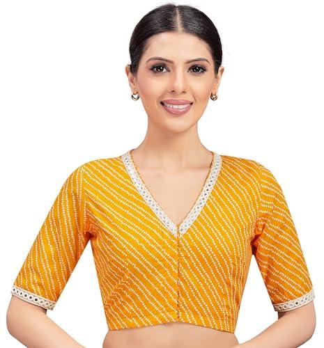 studio shringaar women's cotton printed elbow length sleeves readymade saree blouse with mirror work (yellow, 36)