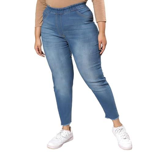 instafab plus women's blue distressed hem denim jeans for casual wear | medium-wash | 4 pockets | elasticated waist | denim jeans with comfort fit for everyday wear