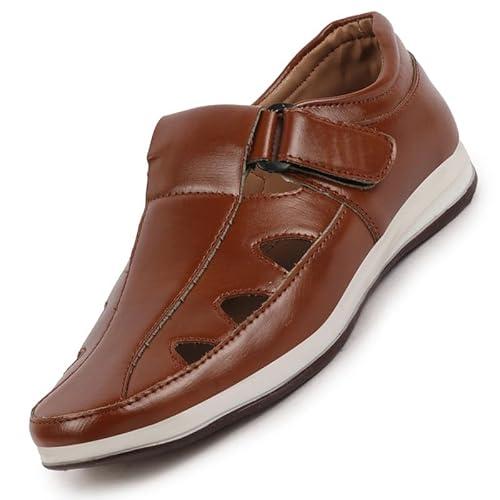 fausto fst fosms-2117 tan-41 men's tan perforated laser cut shoe style sandal with ankle strap (7 uk)