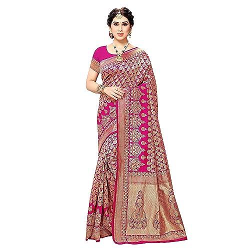 yashika women's trendy banarasi kanjivaram pink color art silk saree with blouse material (maliya pink)