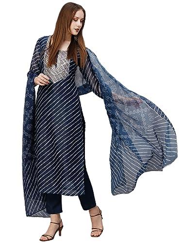 anni designer women's cotton blend straight printed kurta with pant & dupatta (doremi navy-nw_m_navy blue_medium)