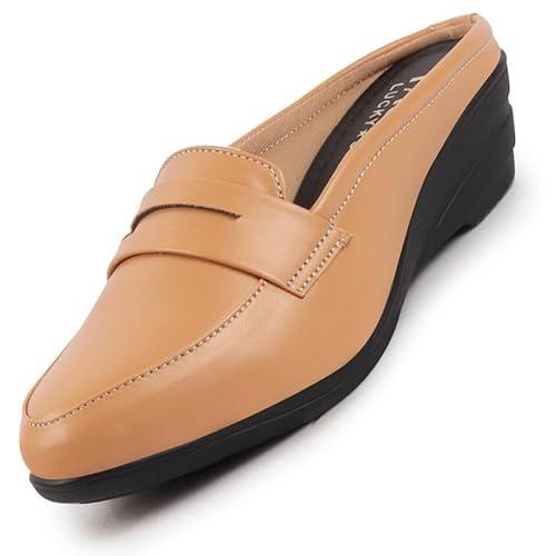 fausto fst fjdwc-7023 tan-41 women's tan formal back open platform wedge heel slip on loafer shoes (8 uk)