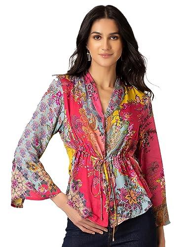 shaye pink casual full sleeves v-neck floral cinched waist top for women