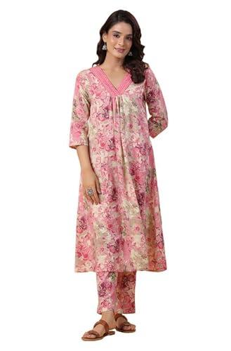 janasya women's cream cotton abstract panelled kurta set (jaa24st00257-xl)