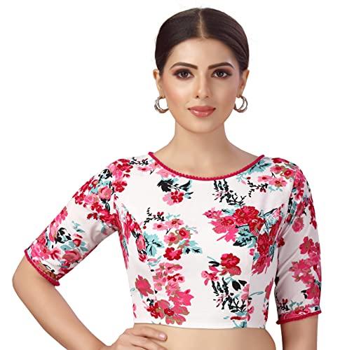 studio shringaar women's polyester readymade soft crepe floral printed saree blouse with elbow length sleeves(multi-color, 34)