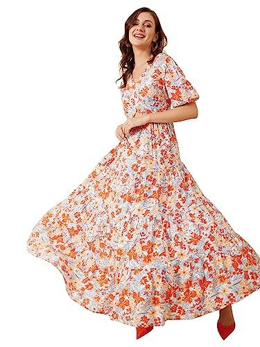 marie claire women's rayon fit and flare maxi casual dress (mc8001_multi_l) multicolour