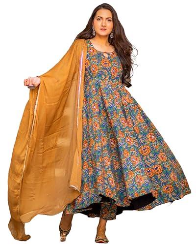 gosriki women's rayon blend bagru printed anarkali kurta with pant & dupatta (locket-multi-gs_s_mustard_small)