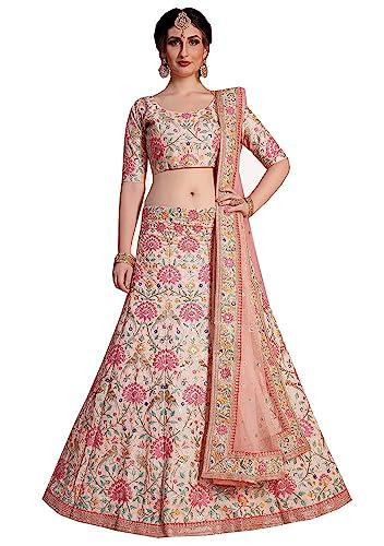 zeel clothing women's sequins zari embroidered art silk lehenga choli with dupatta (821-peach-wedding-bridal-latest-new; free size)