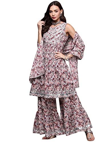 anubhutee women's cotton mauve gota patti floral printed a-line kurta suit set with sharara and dupatta