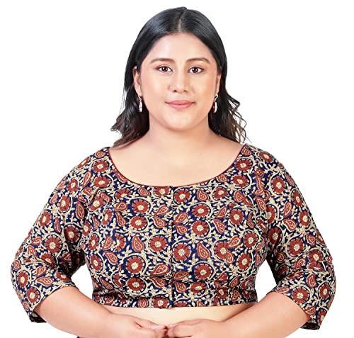 studio shringaar women's plus size kalamkari printed pure cotton & 3/4 sleeve saree blouse (size - 48), multicolour