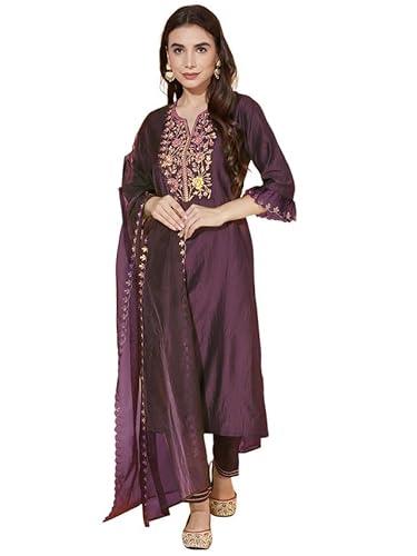 skylee women's embroidery chinnon silk straight kurta set with dupatta (38kbd476n-xl_wine)