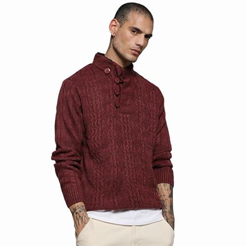 campus sutra men's maroon red rhombus knit sweater for casual wear | high neck | long sleeve | pull on closure | acrylic blend sweater crafted with comfort fit for everyday wear