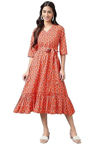 janasya women's orange cotton ethnic motifs printed ruffled dress(jne4174-dr-m)