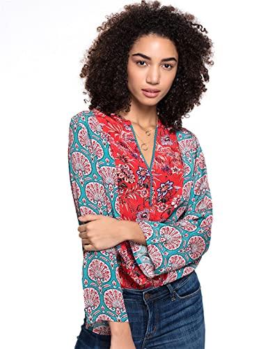 shaye women's printed satin top | asian kurta | v neck | long sleeves tunic | regular fit | for every occasion | red