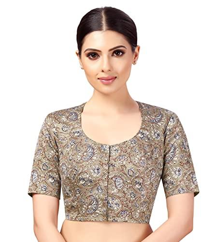 studio shringaar women's polyester readymade tassar silk kalamkari printed saree blouse with short sleeves(brown, 38)