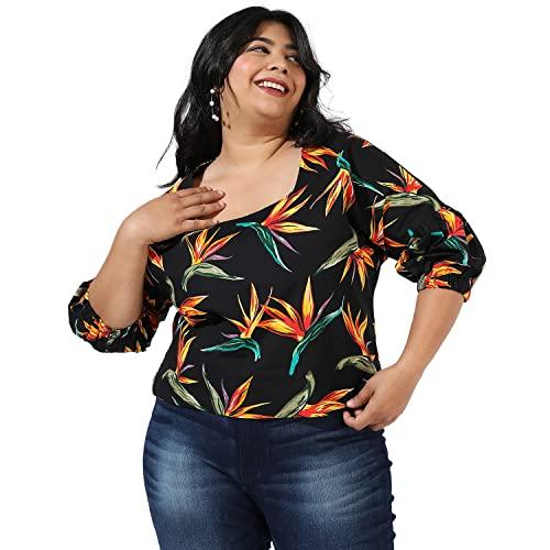 instafab plus women's black botanical print top for casual wear | square neck | 3/4th sleeve | plus-size top crafted with regular sleeve, comfort fit & high-performance for everyday wear