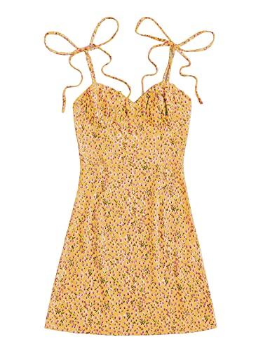 aahwan yellow knotted shoulder ruched bust ditsy floral printed cami mini dress for women's & girls' (197-yellow-m)