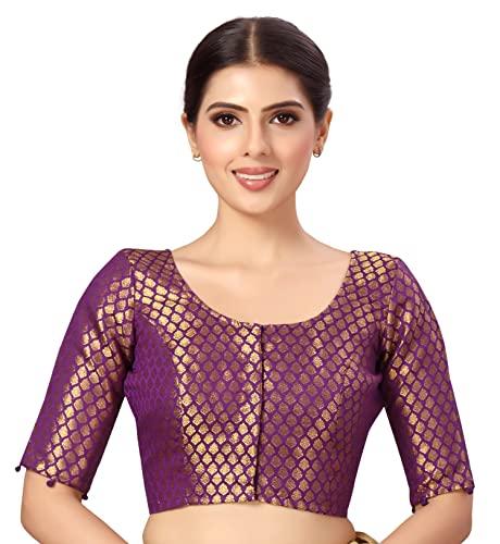 studio shringaar women's readymade polyester elbow length sleeves banaras brocade saree blouse (purple, 34)