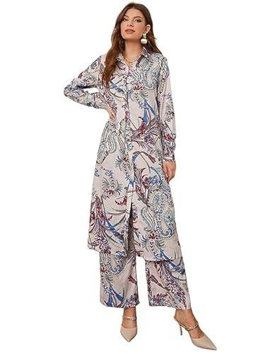 leriya fashion women's ethnic co ord set || paisley printed co-ord set for women || long straight shirt kurta with pant set for women || gift for women (3x-large, off-white),lf-k-w1716&tr812