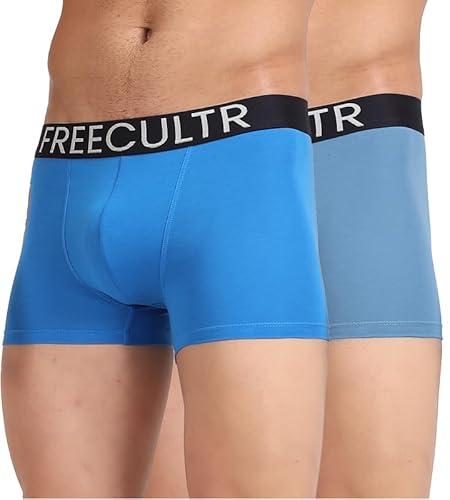 freecultr men's organic cotton underwear, ultrasoft waistband, premium snug-fit trunk - pack of 2 (medium - brilliant blue, shadow blue)