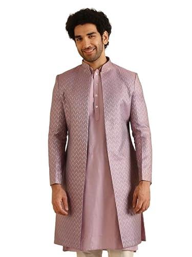 kisah men's indo-western sherwani, lilac jacquard, woven design regular fit mandarin collar long sleeves (40)