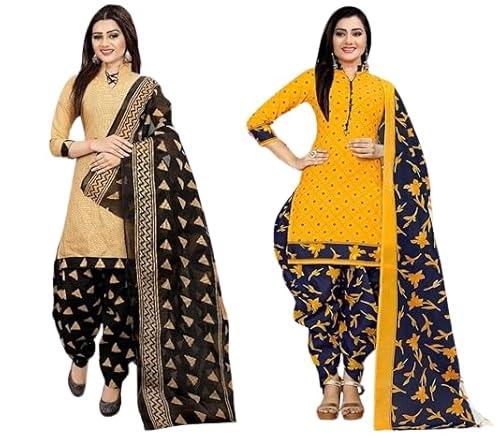 rajnandini women's beige and yellow cotton printed unstitched salwar suit material (combo of 2)(joplrp710-vsm4002j)