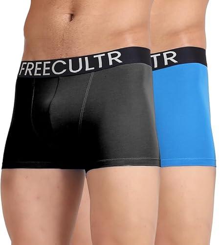 freecultr men's organic cotton underwear, ultrasoft waistband, premium snug-fit trunk - pack of 2 (small - black, brilliant blue)