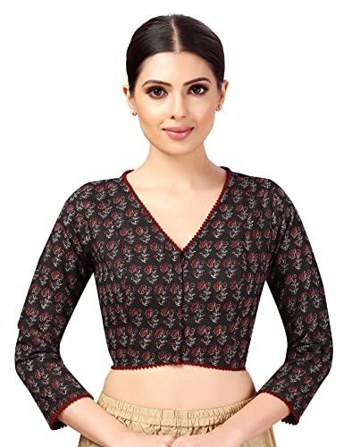 studio shringaar women's cotton 3/4 sleeves block printed cotton v neck saree blouse (black, 38)