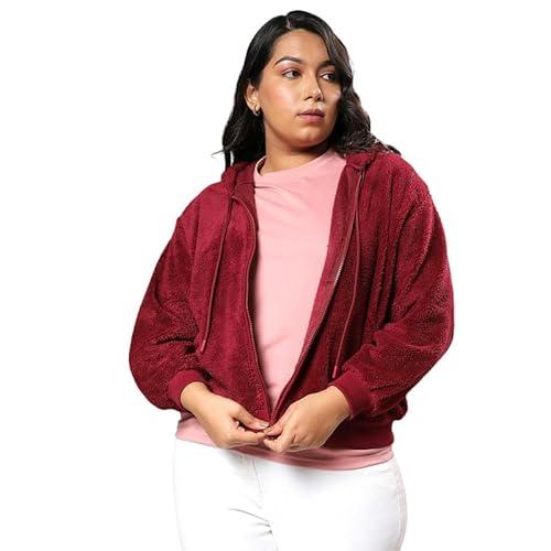 instafab plus women's carmine red zip-front fleece hoodie for casual wear | hooded neck | long sleeve | zipper closure | sweatshirt crafted with comfort fit for everyday wear