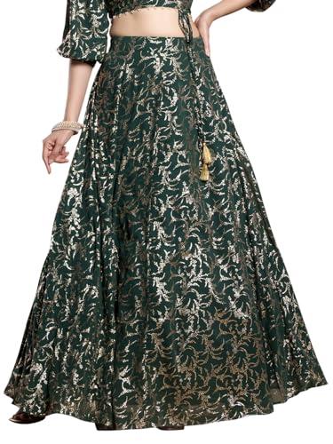 indya georgette green floral foil print kalidar lehenga skirt