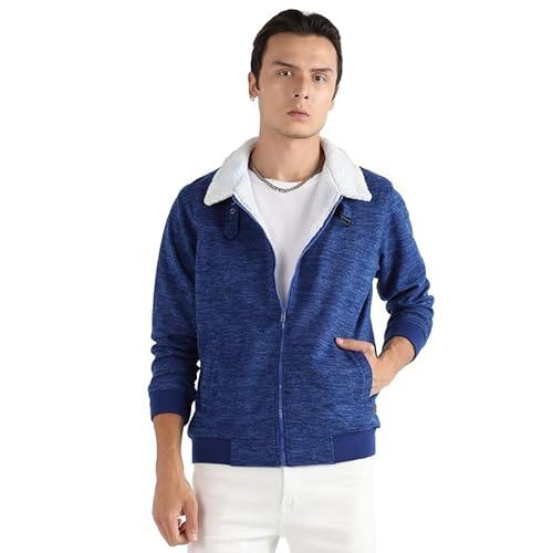 campus sutra men's electric blue heathered jacket with fleece detail for casual wear | high neck | long sleeve | zipper closure | cotton sweatshirt crafted with comfort fit for everyday wear