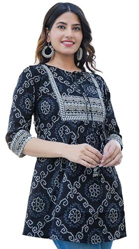 yash gallery women's cotton bandhej printed short kurti (1417ykblack, m, black)