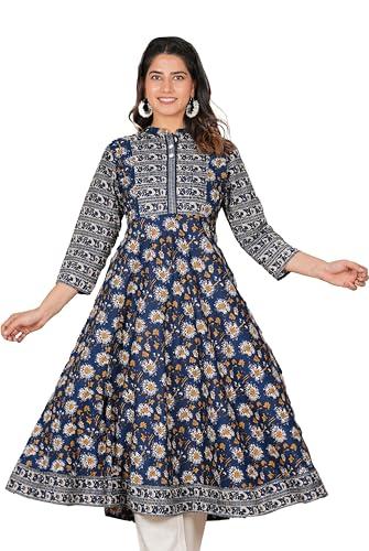 yash gallery cotton women's blue floral printed anarkali kurti (1597ykblue, blue, m)