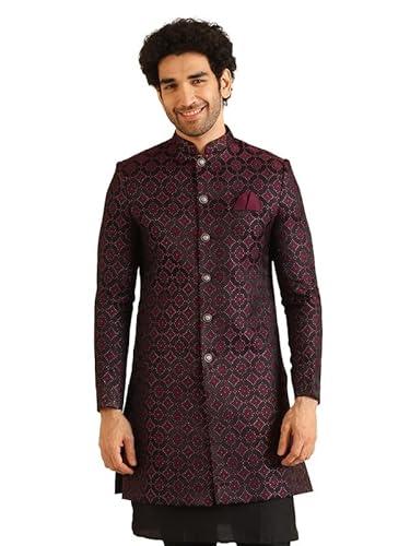 kisah men's indo western sherwani, burgundy jacquard, woven design regular fit mandarin collar long sleeves (38)