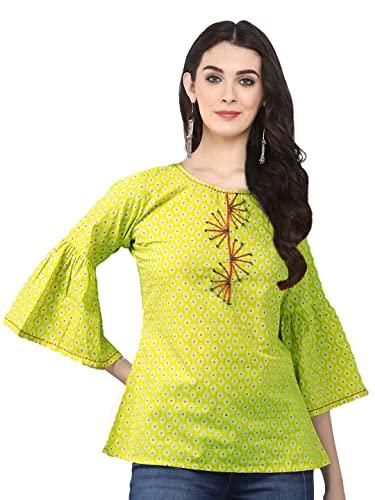 yash gallery women's cotton geometric straight top for women (1335ykgreen_lemon_small)