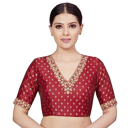 studio shringaar women's brocade embroidered v-neck readymade elbow length sleeves saree blouse (maroon, 38)