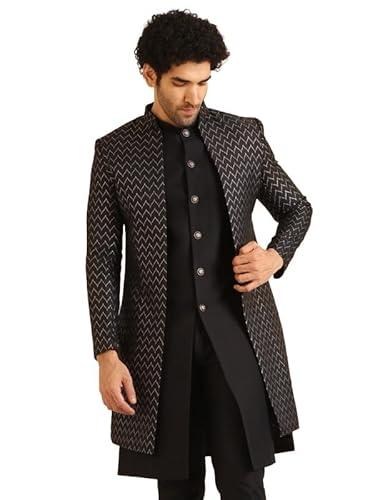 kisah men's indo-western sherwani, black jacquard, woven design regular fit mandarin collar long sleeves (44)