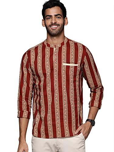 indo era men's cotton striped daily straight short kurta (mkromr1184s_maroon_ready to wear_s-size)