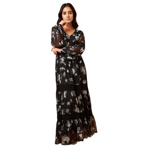 drape and dazzle women black floral chiffon maxi dress with lace work long dress | western dress for women |dd-109-black floral-xxl