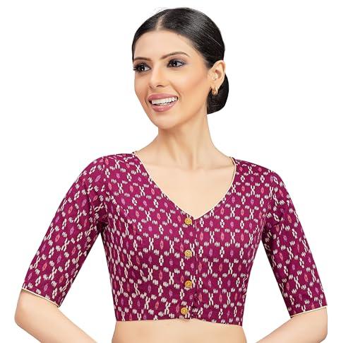 studio shringaar women's readymade cotton ikat printed saree blouse with elbow length sleeves (wine, 34)